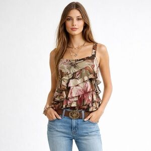 Express Silk  Fairy Top Green Brown Floral Tiered Ruffle Boho Tank